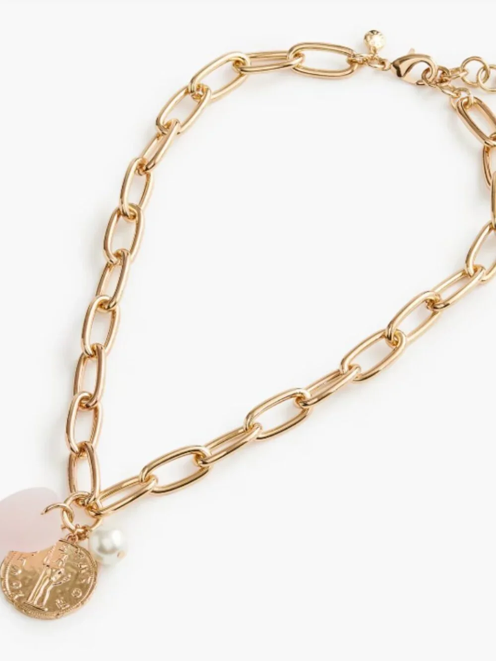 J.CREW Puffy Heart Pearl Coin Charms Gold Necklace, Retails $49.50 NWT!